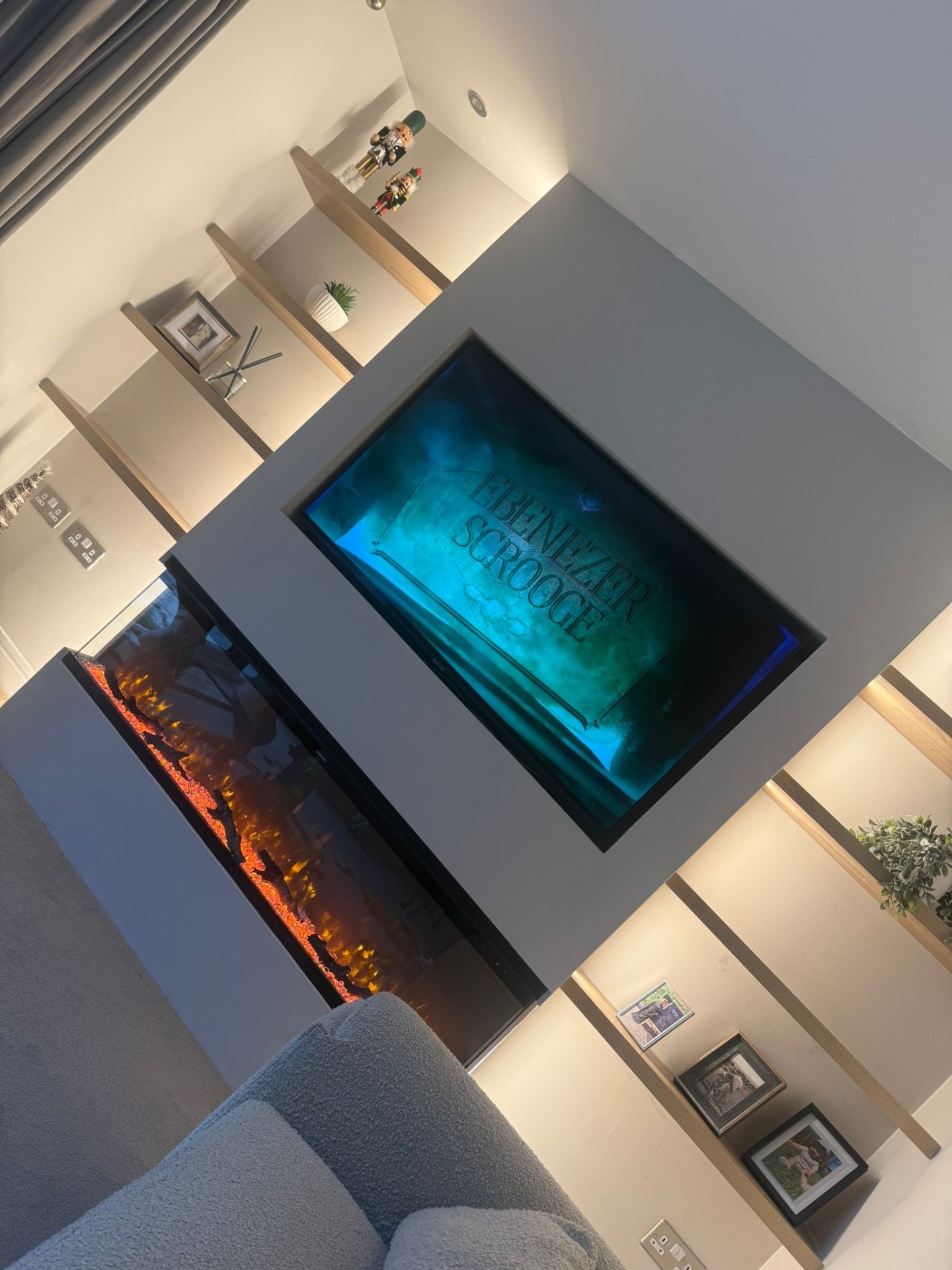 Floating shelves and feature wall